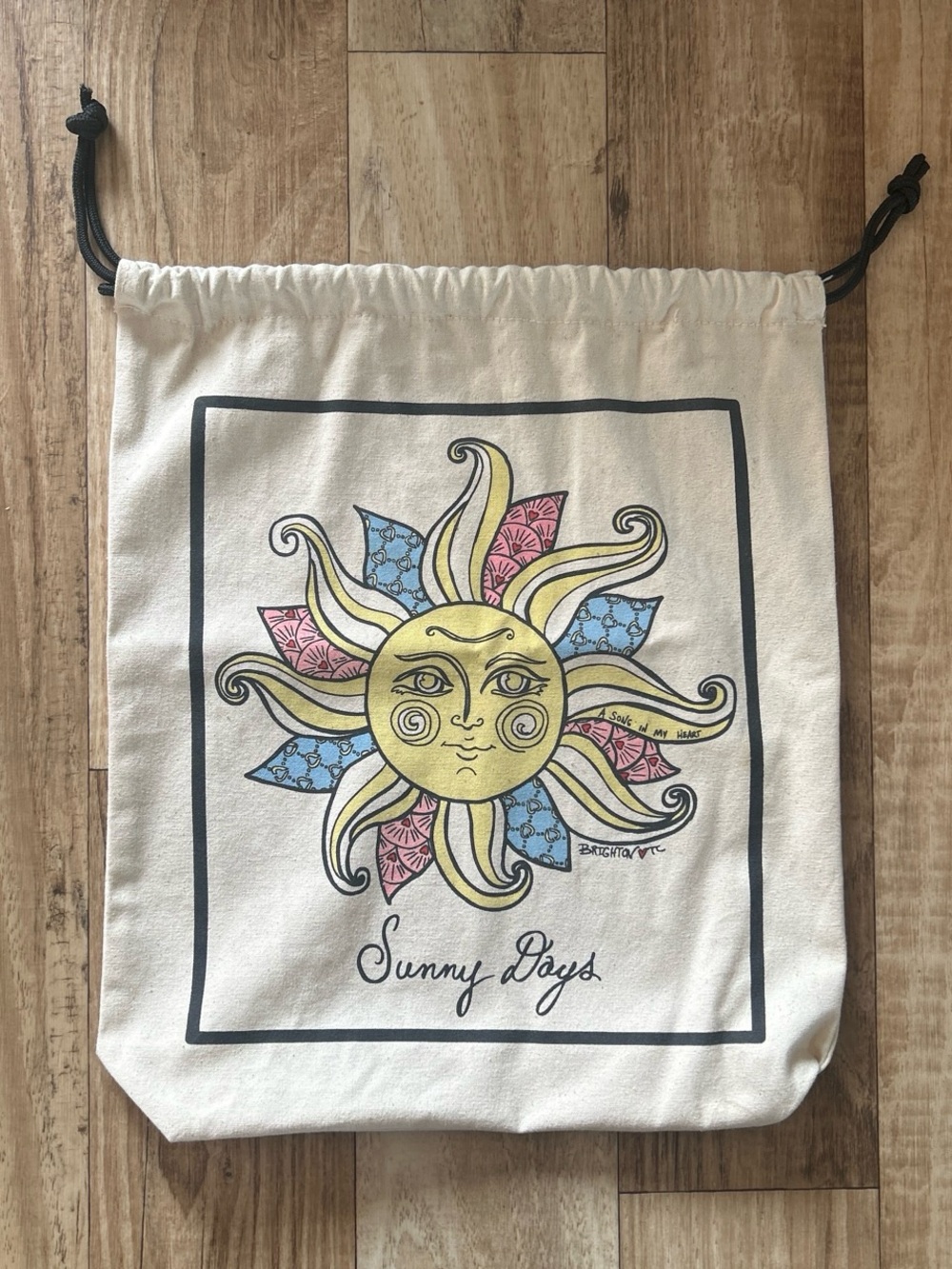 Brighton Sunny Days Canvas Drawstring Tote - Yellow, Blue, Pink on Cream